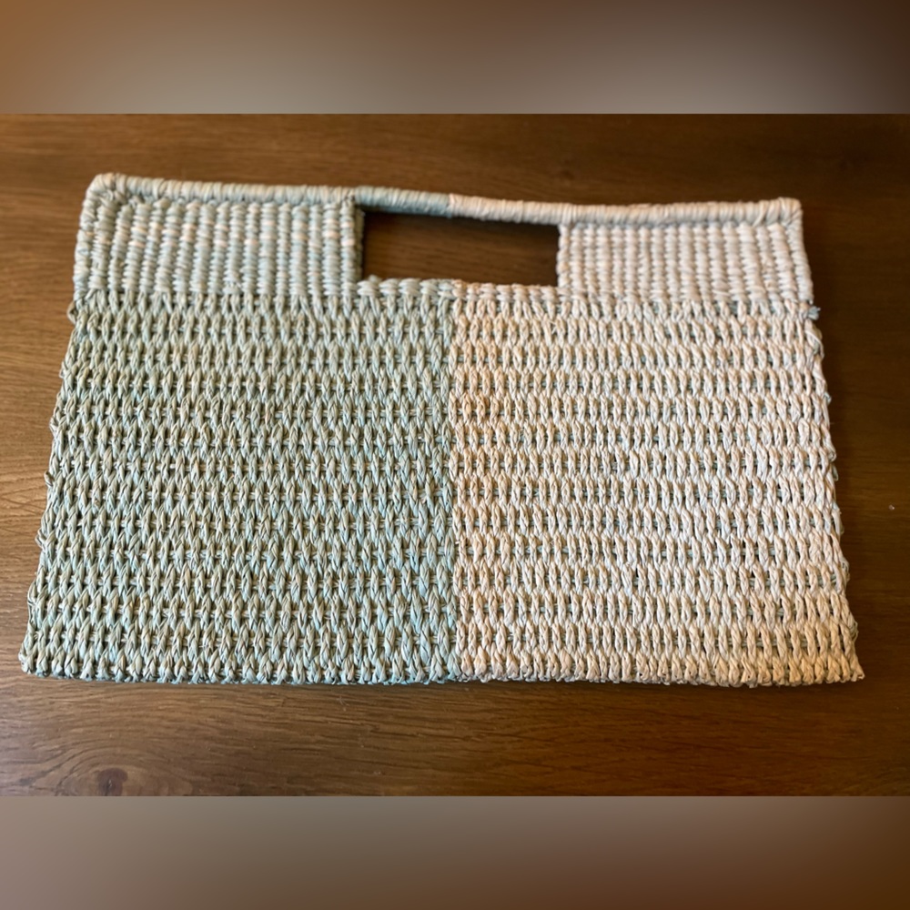 Woven Two-Tone Straw Clutch in Natural and Sage